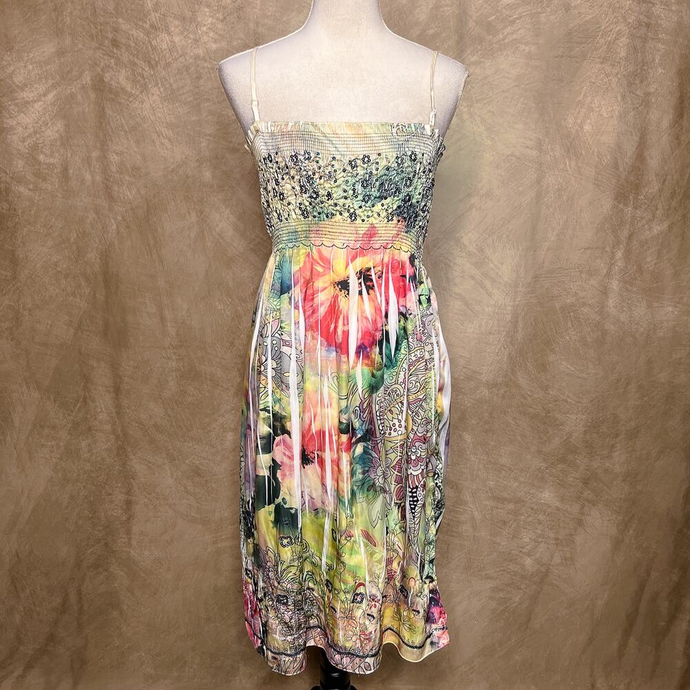 Lapis Floral Print Tie Dye Smocked Midi Dress Sequin Empire Waist Multicolor